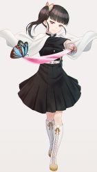 Rule 34 | 1girl, belt, black hair, black shirt, black skirt, blade, blunt bangs, boots, bug, butterfly, butterfly hair ornament, buttons, cape, closed mouth, full body, grey background, hair ornament, high-waist skirt, highres, holding, holding sword, holding weapon, hyuuga azuri, insect, kimetsu no yaiba, knee boots, long hair, long sleeves, looking at viewer, pleated skirt, purple eyes, shirt, side ponytail, sidelocks, simple background, skirt, smile, solo, standing, sword, tsuyuri kanao, weapon, white cape, white footwear