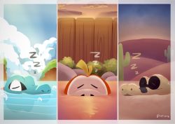 Rule 34 | absurdres, border, bubble, cactus, cloud, commentary request, creatures (company), day, desert, closed eyes, fuecoco, game freak, gen 2 pokemon, gen 5 pokemon, highres, nintendo, no humans, onsen, outdoors, partially submerged, pokemon, pokemon (creature), refrone, ripples, sandile, sky, sleeping, totodile, twilight, water, white border, zzz