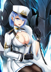 Rule 34 | 1girl, azur lane, badge, belt, black belt, black gloves, blue eyes, blue hair, blush, breasts, chain, chapayev (azur lane), coolnova, gloves, hair ornament, hairclip, hat, highres, holding, holding chain, ice, ice crystal, jacket, large breasts, long sleeves, looking at viewer, military hat, mole, mole on breast, open mouth, pantyhose, peaked cap, short hair, sitting, smile, solo, star (symbol), white hat, white jacket