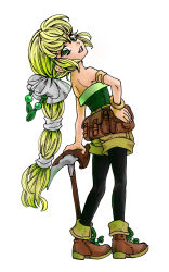 Rule 34 | 1girl, ankle boots, ao shatsu, armlet, bag, bare shoulders, black pantyhose, blonde hair, boots, bow, bracelet, braid, brown footwear, commentary request, full body, green eyes, green hair, green shirt, hair bow, hair ribbon, highres, jewelry, pantyhose under shorts, long hair, looking at viewer, multi-tied hair, open mouth, pantyhose, ribbon, saga, saga frontier, saga frontier 2, shirt, shorts, single braid, smile, solo, standing, very long hair, virginia knights, weapon, white background