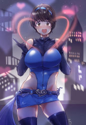 Rule 34 | 1girl, :d, aningay, belt, black gloves, black thighhighs, blue hairband, blue leotard, blue skirt, blush, breasts, brown eyes, brown hair, covered navel, cowboy shot, elbow gloves, gloves, hairband, heart, highleg, highleg leotard, highres, idolmaster, idolmaster cinderella girls, large breasts, leotard, looking at viewer, miniskirt, oikawa shizuku, open mouth, sexy guilty (idolmaster), short hair, skirt, smile, solo, standing, thighhighs, thighs, very short hair