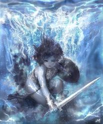 Rule 34 | 1girl, armor, bubble, floating hair, hair raising, mitsuba, mitsuba (knight lounge), original, plump, shield, solo, sword, underwater, water, weapon