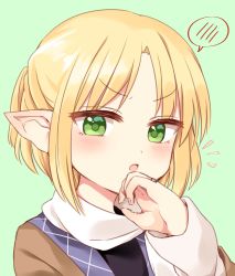 Rule 34 | &gt;:o, 1girl, arm warmers, blonde hair, blush, green eyes, half updo, highres, jewelry, looking at viewer, mizuhashi parsee, one-hour drawing challenge, pointy ears, ring, scarf, short hair, solo, spoken blush, touhou, v-shaped eyebrows, yururi nano
