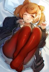 Rule 34 | 1girl, ;), ;q, animal ears, arknights, bear ears, bed sheet, black jacket, blonde hair, commentary, gummy (arknights), hands up, highres, jacket, looking at viewer, lying, nail polish, no shoes, on back, one eye closed, oneza-, pantyhose, pillow, red nails, red pantyhose, short hair, smile, solo, thighs, tongue, tongue out, two side up, yellow eyes