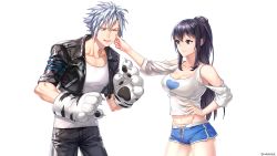 Rule 34 | 1boy, 1girl, aken, animal hands, bare shoulders, black eyes, black hair, black jacket, black pants, blue eyes, breasts, character request, cheek pinching, cleavage, closed mouth, clothing cutout, collarbone, cowboy shot, cropped jacket, dungeon and fighter, fighter (dungeon and fighter), gloves, groin, hair between eyes, hand on own hip, heart, heart print, highres, jacket, large breasts, long hair, looking at another, male fighter (dungeon and fighter), navel, one eye closed, open clothes, open jacket, pants, parted lips, paw gloves, pinching, ponytail, shirt, short hair, short shorts, shorts, shoulder cutout, sidelocks, silver hair, smile, spiked hair, stomach, wavy mouth, white shirt