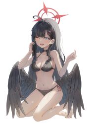 1girl ;d absurdres ahoge alternate_costume backlighting barefoot bikini black_bikini black_choker black_hair black_wings blue_archive blue_eyes blunt_bangs blush breasts choker cleavage commentary feathered_wings full_body glint hair_behind_ear hair_intakes hair_ornament hairclip halo halterneck hands_up happy hashtag-only_commentary highres ichika_(blue_archive) kneeling long_hair looking_at_viewer low_wings medium_breasts navel o-ring o-ring_bikini o-ring_top one_eye_closed open_mouth red_halo shj1998z side-tie_bikini_bottom sidelocks simple_background smile soaking_feet solo stomach swimsuit thighs tiptoes toes wet white_background wings