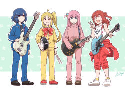 Rule 34 | 4girls, ;d, ahoge, ankle socks, artist name, bass guitar, black footwear, black shirt, blonde hair, blue eyes, blue hair, blue jacket, blue pants, bob cut, bocchi the rock!, bow, brown footwear, closed mouth, clothes around waist, commentary, cube hair ornament, dated, drum, drumsticks, electric guitar, gotoh hitori, guitar, hair ornament, hairclip, highres, holding, holding drumsticks, holding instrument, ijichi nijika, instrument, jacket, kita ikuyo, large bow, light frown, long hair, looking at viewer, medium hair, mole, mole under eye, multiple girls, one eye closed, one side up, open clothes, open jacket, open mouth, pants, pants rolled up, parted lips, pink hair, pink jacket, pink pants, print shirt, red bow, red eyes, red footwear, red hair, red pants, satou yasu, shirt, shoes, short hair, side ponytail, signature, single vertical stripe, sleeveless, sleeveless shirt, sleeves rolled up, smile, snare drum, sneakers, socks, standing, track jacket, track pants, track suit, two side up, v, very long hair, white footwear, white shirt, yamada ryo, yellow eyes, yellow jacket, yellow pants, yellow socks