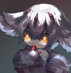 Rule 34 | 1girl, animal ears, aqua background, bare shoulders, blood, blood on hands, body fur, chikichi, claws, dark-skinned female, dark skin, faputa, female focus, flat chest, furry, furry female, gradient background, hair ornament, licking, licking finger, looking up, made in abyss, open mouth, orange eyes, sharp teeth, short hair, simple background, solo, teeth, tongue, tongue out, upper body, white fur, white hair