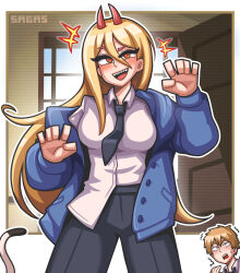 Rule 34 | 1boy, 1girl, absurdres, artist name, black necktie, black pants, blonde hair, blue jacket, blush, chainsaw man, collared shirt, cross-shaped pupils, demon horns, denji (chainsaw man), hair between eyes, hands up, highres, horns, jacket, long hair, long sleeves, necktie, open mouth, outline, pants, power (chainsaw man), red horns, sagas293, sharp teeth, shirt, shirt partially tucked in, smile, solo focus, symbol-shaped pupils, teeth, white outline, white shirt, window