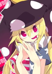 Rule 34 | 1girl, akimaki yuu, alternate headwear color, american flag dress, bad id, bad twitter id, blonde hair, clownpiece, fingers together, hat, highres, jester cap, long hair, looking at viewer, neck ruff, open mouth, polka dot, red background, red eyes, revision, solo, touhou, very long hair
