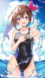 Rule 34 | 1girl, bare shoulders, blue eyes, blush, braid, breasts, brown hair, cloud, collarbone, competition swimsuit, covered navel, hair ornament, highres, hololive, long hair, looking at viewer, ocean, one-piece swimsuit, open mouth, ponytail, ribbon, sky, smile, solo, star (symbol), star hair ornament, swimsuit, tokino sora, toko, virtual youtuber, wading, wet, yuuzuki (re&#039;ef)