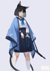 Rule 34 | 1girl, absurdres, animal ears, black hair, blue archive, blue string, bright pupils, cape, choker, commentary, feet out of frame, highres, kikyou (blue archive), kneehighs, long sleeves, looking at viewer, multiple tails, school uniform, see-through, see-through shirt, see-through silhouette, skirt, socks, solo, tail, two tails, vanille5454, white pupils
