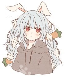 Rule 34 | animal ears, black hoodie, blue hair, blush, braid, carrot hair ornament, expressionless, food-themed hair ornament, hair ornament, highres, hikimayu, hololive, hololive fantasy, hood, hoodie, long hair, looking to the side, multicolored hair, orange eyes, rabbit-shaped pupils, rabbit ears, rabbit girl, short eyebrows, simple background, solo, swept bangs, symbol-shaped pupils, thick eyebrows, traum38, twin braids, two-tone hair, usada pekora, virtual youtuber, white background, white hair