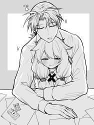 Rule 34 | 1boy, 1girl, arms on table, beads, blush, chin rest, drooling, greyscale, hair beads, hair ornament, head on head, head rest, highres, idolmaster, idolmaster cinderella girls, looking down, monochrome, mouth drool, papers, producer (idolmaster), sitting, sitting on person, squeans, sleepy, suikauri2222, twintails, yusa kozue