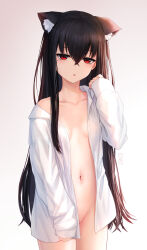 Rule 34 | 1girl, animal ears, black hair, bottomless, breasts, cat ears, cat girl, highres, long hair, long sleeves, looking at viewer, naked shirt, navel, off shoulder, open clothes, open shirt, original, parted lips, red eyes, shibanme tekikumo, shirt, sleepy, sleeves past wrists, small breasts, stomach, very long hair, white shirt, xingye (xing)