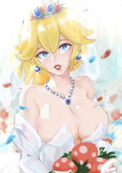 Rule 34 | 1girl, bare shoulders, blonde hair, blue eyes, bouquet, breasts, bridal veil, bride, cleavage, collarbone, dress, earrings, elbow gloves, eyelashes, eyeshadow, flower, gloves, highres, holding, holding bouquet, jewelry, large breasts, leaf, lips, looking at viewer, makeup, mario (series), medium hair, necklace, nintendo, parted lips, pearl necklace, pendant, petals, pink eyeshadow, piranha plant, plant, polka dot, ponytail, princess peach, shiny skin, solo, strapless, strapless dress, super mario odyssey, teeth, tiara, upper body, veil, vialnite, wedding dress, white dress, white gloves
