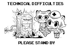 Rule 34 | 4chan, animal ear fluff, animal ears, belt, burning, commentary, english text, fork, glasses, holding, holding pencil, inawon, jerry can, long sleeves, pencil, pouring, server, shirt, symbol-only commentary, tail, technical difficulties screen, tiger girl