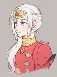 Rule 34 | 1girl, blush, closed mouth, collared dress, commentary request, dress, edelgard von hresvelg, fire emblem, fire emblem: three houses, grey background, hair ornament, hair over shoulder, jewelry, long hair, long sleeves, looking away, nintendo, puffy long sleeves, puffy sleeves, purple eyes, red dress, riromomo, sidelocks, signature, simple background, smile, solo, upper body, white hair