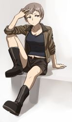 Rule 34 | 10s, 1girl, adjusting hair, arm support, black footwear, black shirt, black shorts, boots, brown eyes, brown hair, brown jacket, freckles, girls und panzer, highres, jacket, long sleeves, military, military uniform, naomi (girls und panzer), navel, shirt, short hair, shorts, sitting, sleeves rolled up, solo, sweat, unbuttoned, uniform, very short hair, zimu