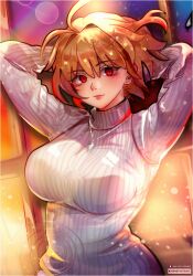 Rule 34 | 1girl, antenna hair, arcueid brunestud, arms behind head, artist name, blonde hair, blush, breasts, closed mouth, commentary request, dated, highres, jewelry, large breasts, light smile, lips, long sleeves, looking at viewer, maewenmitzuki, necklace, pink lips, red eyes, ribbed sweater, short hair, single hair intake, solo, sweater, tsukihime, turtleneck, turtleneck sweater, white sweater