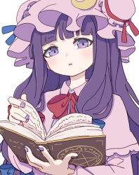 Rule 34 | 1girl, absurdres, blue bow, blush, book, bow, crescent, crescent hat ornament, dress, fingernails, hair bow, hat, hat ornament, highres, holding, holding book, kame (kamepan44231), long hair, long sleeves, mob cap, nail polish, open book, parted lips, patchouli knowledge, purple dress, purple eyes, purple hair, purple hat, purple nails, red bow, simple background, solo, touhou, upper body, white background