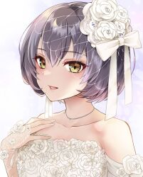 Rule 34 | 1girl, bare shoulders, blush, collarbone, detached sleeves, dress, flower, gloves, grey hair, grin, hair between eyes, hair flower, hair ornament, hair ribbon, hand on own chest, idoly pride, igawa aoi, jewelry, lace, lace gloves, looking at viewer, nail polish, necklace, parted lips, plum (arch), portrait, raised eyebrows, red lips, ribbon, short hair, sidelocks, simple background, smile, solo, strapless, strapless dress, teeth, wedding dress, white background, white dress, white flower, white nails, white ribbon, white sleeves, yellow eyes