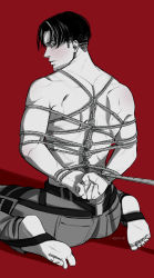 Rule 34 | 1boy, arms behind back, barefoot, bdsm, belt, black hair, blush, bondage, bound, embarrassed, feet, from behind, highres, levi (shingeki no kyojin), limach-an, looking back, male focus, own hands together, pants, red background, shibari, shingeki no kyojin, short hair, sitting, solo, undercut