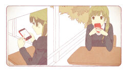 Rule 34 | 1girl, 2koma, border, cardigan, cellphone, chair, classroom, closed mouth, comic, covered mouth, day, desk, elbow rest, foliage, from side, green eyes, green hair, grey cardigan, hair over shoulder, hitsuji-llllll, holding, holding phone, indoors, kataomoi drops (vocaloid), long hair, long sleeves, looking outside, looking to the side, multiple views, no nose, phone, school desk, school uniform, shirt, silent comic, sitting, song name, twintails, upper body, vocaloid, white border, white shirt, window