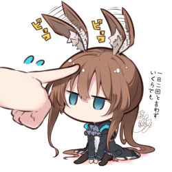 Rule 34 | 1girl, afterimage, amiya (arknights), animal ear fluff, animal ears, arknights, ascot, beni shake, black jacket, blue ascot, blue eyes, brown hair, chibi, colored shadow, commentary request, ear wiggle, flying sweatdrops, hair between eyes, jacket, jitome, long hair, no shoes, open clothes, open jacket, out of frame, pantyhose, ponytail, rabbit ears, shadow, shirt, sidelocks, signature, simple background, sitting, solo focus, translation request, very long hair, white background, white shirt