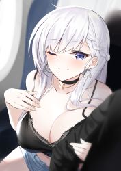 Rule 34 | 1girl, azur lane, bad id, bad pixiv id, bare shoulders, belfast (azur lane), black bra, black choker, black jacket, blush, bra, braid, breasts, choker, cleavage, closed mouth, collarbone, denim, denim shorts, earrings, french braid, hand on own chest, highres, holding another&#039;s arm, indoors, jacket, jewelry, large breasts, midriff, navel, one eye closed, out of frame, pale skin, purple eyes, shengtian, short shorts, shorts, sidelocks, silver hair, smile, thighs, underwear, window