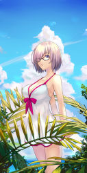 Rule 34 | 1girl, arms behind back, bare legs, bow, breasts, cleavage, cloud, cloudy sky, cowboy shot, day, fate/grand order, fate (series), glasses, hair over one eye, juu roku gen, large breasts, light purple hair, looking at viewer, mash kyrielight, mash kyrielight (swimsuit of perpetual summer), ocean, official alternate costume, one-piece swimsuit, own hands together, parted lips, plant, purple eyes, short hair, sky, sleeveless, solo, swimsuit, white one-piece swimsuit