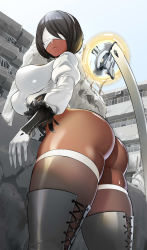 Rule 34 | 1girl, 2p (nier:automata), absurdres, alternate breast size, alternate color, alternate skin color, ass, ass focus, black hair, blindfold, boots, bracer, breasts, commentary, covered eyes, crack, cracked wall, cross-laced footwear, curvy, dark-skinned female, dark skin, debris, english commentary, expressionless, feather-trimmed sleeves, final fantasy, final fantasy xiv, floating, floating object, floating weapon, from below, gloves, grey footwear, grey sky, highleg, highleg leotard, highres, huge ass, impossible clothes, katana, lace-up boots, large breasts, leotard, lips, mole, mole under mouth, nier:automata, nier (series), nisetanaka, no pants, outdoors, paid reward available, palette swap, post-apocalypse, see-through, see-through legwear, shiny skin, short hair, sky, solo, soul calibur, soulcalibur, soulcalibur vi, sword, thick thighs, thighhighs, thighhighs under boots, thighs, thong leotard, torn, torn clothes, twisted torso, weapon, weapon on back, white blindfold, white gloves, white thighhighs, wide hips