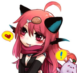 Rule 34 | !, 1girl, :3, ahoge, animal ears, assassin cross (ragnarok online), black gloves, black leotard, black wings, blush, breasts, breasts squeezed together, cat ears, chibi, cleavage, closed mouth, commentary request, demon wings, ear wings, elbow gloves, gloves, hair between eyes, heart, lanmei jiang, leotard, long hair, looking afar, meat hair ornament, medium bangs, medium breasts, pink hair, ragnarok online, red eyes, red scarf, scarf, simple background, smile, solo, spoken exclamation mark, spoken heart, undersized animal, upper body, white background, wings, wolf