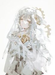 Rule 34 | 1girl, bridal veil, clock print, closed eyes, crossed arms, dress, e.g.o (project moon), faust (project moon), gears, gloves, hair ornament, highres, limbus company, project moon, short hair, solo, tuumatae, veil, wedding dress, white background, white dress, white gloves, white hair