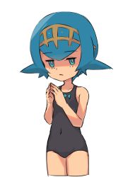 Rule 34 | 1girl, bare arms, bare shoulders, black one-piece swimsuit, blue eyes, blue hair, breasts, bright pupils, brown hairband, closed mouth, collarbone, covered navel, cowboy shot, creatures (company), cropped legs, eyebrows, frown, game freak, hair between eyes, hairband, hands up, jitome, lana (pokemon), legs together, looking at viewer, nintendo, nyonn24, one-piece swimsuit, own hands together, pokemon, pokemon (anime), pokemon sm (anime), short hair, simple background, small breasts, solo, swimsuit, white background, white pupils