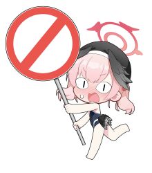 Rule 34 | 1girl, absurdres, beret, black hat, black wings, blue archive, blush, chibi, embarrassed, feathered wings, halo, hat, highres, holding, holding sign, koharu (blue archive), looking at viewer, low wings, no entry sign, non-web source, nose blush, official art, one-piece swimsuit, open mouth, pink hair, psd available, road sign, running, sign, simple background, slit pupils, solo, sweat, swimsuit, transparent background, twintails, wavy mouth, winged hat, wings