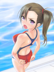 Rule 34 | 1girl, adjusting clothes, adjusting swimsuit, ass, blush, breasts, brown hair, competition swimsuit, from behind, highres, long hair, looking back, one-piece swimsuit, open mouth, original, pool, poolside, purple eyes, rasukaru, solo, swimsuit