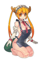Rule 34 | 1girl, absurdres, apron, bare shoulders, barefoot, blonde hair, breasts, cleavage, closed mouth, collarbone, detached collar, dragon, dragon girl, dragon horns, dragon tail, elbow gloves, fang, fang out, female focus, fengmo, full body, gloves, gradient hair, highres, horns, juliet sleeves, kneeling, kobayashi-san chi no maidragon, large breasts, legs together, lips, long hair, long sleeves, looking at viewer, maid headdress, multicolored hair, naked apron, necktie, orange eyes, orange hair, puffy sleeves, red necktie, sideboob, simple background, smile, solo, tail, toes, tohru (maidragon), twintails, white background, white gloves