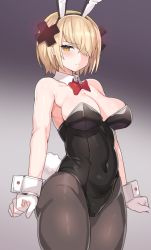 Rule 34 | 1girl, animal ears, black leotard, black pantyhose, blonde hair, bow, bowtie, breasts, cleavage, commentary request, covered navel, detached collar, fake animal ears, grey background, hair ornament, hair over one eye, highres, jageungansik, korean commentary, large breasts, leotard, original, pantyhose, playboy bunny, rabbit ears, rabbit tail, red bow, red bowtie, short hair, simple background, solo, strapless, strapless leotard, tail, wrist cuffs, x hair ornament, yellow eyes