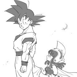 Rule 34 | 1boy, 1girl, :o, aged down, armor, back turned, bikini, bikini armor, black eyes, black hair, cape, chi-chi (dragon ball), child, clenched hand, dougi, dragon ball, dragonball z, expressionless, feathers, gloves, greyscale, helmet, long hair, looking at another, looking back, monochrome, open mouth, short hair, simple background, son goku, spiked hair, standing, swimsuit, time paradox, tkgsize, white background, wristband