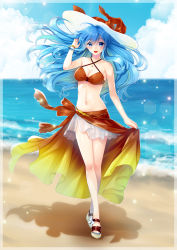 Rule 34 | 1girl, :d, absurdres, alternate costume, aqua eyes, aqua hair, bare shoulders, beach, bikini, blue sky, bracelet, breasts, cleavage, cloud, collarbone, eirika (fire emblem), fire emblem, fire emblem: the sacred stones, full body, hat, highres, jewelry, long hair, looking at viewer, midriff, nail polish, navel, nintendo, ocean, open mouth, red bikini, sand, sandals, sarong, sky, smile, solo, swimsuit, very long hair, yuino (fancy party)