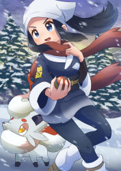 Rule 34 | 1girl, :d, absurdres, akari (pokemon), black hair, blue eyes, blush, commentary request, creatures (company), eyelashes, floating hair, floating scarf, game freak, head scarf, highres, hisuian zorua, jacket, long hair, nintendo, open mouth, outdoors, pokemon, pokemon (creature), pokemon legends: arceus, red scarf, refisa, scarf, shirt, shoes, skirt, smile, snow, snowing, socks, standing, tree, white headwear
