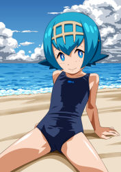 Rule 34 | 1girl, arm support, bare arms, bare legs, bare shoulders, beach, blue sky, blunt bangs, cameltoe, carinae, closed mouth, cloud, creatures (company), day, flat chest, game freak, hairband, lana (pokemon), leaning back, looking at viewer, nintendo, npc trainer, ocean, one-piece swimsuit, outdoors, pokemon, pokemon (anime), pokemon sm, pokemon sm (anime), sand, short hair, sitting, sky, solo, swimsuit, trial captain, water