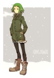 Rule 34 | annoyed, bad id, bad pixiv id, boots, breath, character name, green eyes, green hair, gumi, haru (oomr005), highres, jacket, pantyhose, short hair, shorts, snow, solo, vocaloid