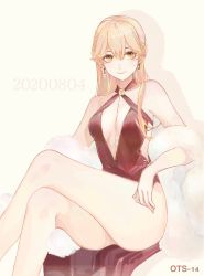 Rule 34 | 1girl, bare legs, bare shoulders, blonde hair, braid, breasts, character name, crossed legs, dated, dress, earrings, fur, girls&#039; frontline, hair between eyes, highres, jewelry, legs, long hair, looking at viewer, nail polish, official alternate costume, ots-14 (girls&#039; frontline), ots-14 (ruler of the banquet) (girls&#039; frontline), pepper cyanide, red dress, simple background, sitting, small breasts, smile, solo, thighs, yellow background, yellow eyes