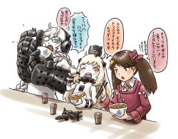Rule 34 | 10s, 3girls, abyssal ship, ahoge, aircraft, blue eyes, braid, brown eyes, brown hair, chopsticks, colored skin, dress, eating, enemy aircraft (kancolle), food, food on face, gauntlets, glasses, hair ornament, headphones, holding, horns, japanese clothes, kantai collection, karasu (naoshow357), kariginu, long hair, magatama, mittens, multiple girls, northern ocean princess, one eye closed, rice, rice on face, ryuujou (kancolle), single braid, supply depot princess, translation request, twintails, white dress, white hair, white skin
