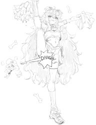 Rule 34 | 2girls, :d, blush, bow, bowtie, breasts, censored, cheerleader, chibi, crop top, goddess of victory: nikke, greyscale, hair ribbon, hat, indinu, leg up, long hair, looking at viewer, miranda (nikke), monochrome, multiple girls, official alternate costume, open mouth, poli (cheer up police) (nikke), poli (nikke), pom pom (cheerleading), ribbon, shoes, short twintails, sidelocks, skirt, small breasts, smile, sneakers, socks, split, sports bra, standing, standing on one leg, standing split, sweat, twintails, very long hair, wavy hair