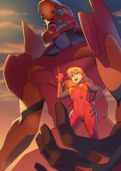 Rule 34 | 1girl, bodysuit, breasts, eva 02, evening, hand on own hip, highres, index finger raised, interface headset, long hair, looking to the side, mecha, neon genesis evangelion, open mouth, orange hair, pilot suit, plugsuit, red bodysuit, robot, shiny clothes, simple background, sky, smile, souryuu asuka langley, two side up, zestysauce