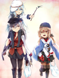Rule 34 | 3girls, :o, anchor, bag, belt, black gloves, black headwear, black legwear, black ribbon, black skirt, blush, boots, branch, breasts, brown hair, bug, carrying, cheese (cheese koubou), cleavage, dragonfly, fingerless gloves, flat cap, fur hat, gangut (kancolle), gloves, grey hair, hair ornament, hair ribbon, hairclip, hammer and sickle, hat, hibiki (kancolle), highres, holding, holding bag, holding branch, insect, jacket, jacket on shoulders, kantai collection, long hair, long sleeves, low twintails, multiple girls, on shoulder, open mouth, pantyhose, papakha, plastic bag, ribbon, sailor collar, scar, scarf, school uniform, serafuku, shirt, shoulder carry, skirt, smile, star (symbol), stick, tashkent (kancolle), torn clothes, torn scarf, twintails, twitter username, verniy (kancolle), white scarf