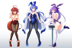 Rule 34 | 3girls, absurdres, ace (playing card), ace of hearts, ahoge, akane canna, alternate costume, animal ears, antenna hair, arm under breasts, ass, back, black pantyhose, black ribbon, blue footwear, blue hair, blush, bow, bowtie, breasts, brown pantyhose, bunny day, card, chain, chain leash, claw pose, closed mouth, coat, coat on shoulders, commentary request, cowlick, detached collar, dog ears, dog tail, fake animal ears, fake tail, fang, full body, fur anklet, fur collar, gradient background, green eyes, green hair, grey background, hair between eyes, hair intakes, hair ribbon, heart, high heels, highres, holding, holding card, kirakira 620, large breasts, leaning forward, leash, leotard, long hair, looking at viewer, multicolored hair, multiple girls, nanashi inc., o-ring, o-ring thigh strap, open mouth, pantyhose, pigeon-toed, pink bow, pink bowtie, pink eyes, playboy bunny, playing card, purple bow, purple footwear, purple hair, rabbit ears, rabbit tail, red eyes, red footwear, red hair, ribbon, shisui kiki, short hair, simple background, small breasts, smile, standing, standing on one leg, stool, strapless, strapless leotard, streaked hair, suzumi nemo, tail, thigh strap, thighhighs, two-tone hair, two side up, v-shaped eyebrows, very long hair, virtual youtuber, white background, white coat, white thighhighs, wrist cuffs